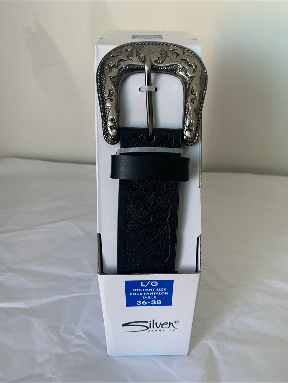 Silver Jeans Black Leather Western Belt with Ornate Silver Buckle